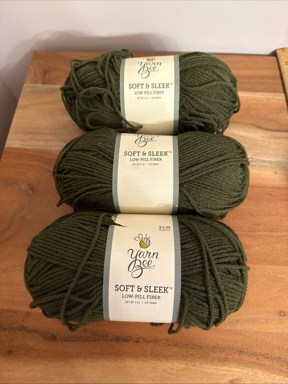 Lot of 3 Yarn Bee Soft & Sleek Yarn Low Pill Fiber. Olive 315 - 232 Yards per